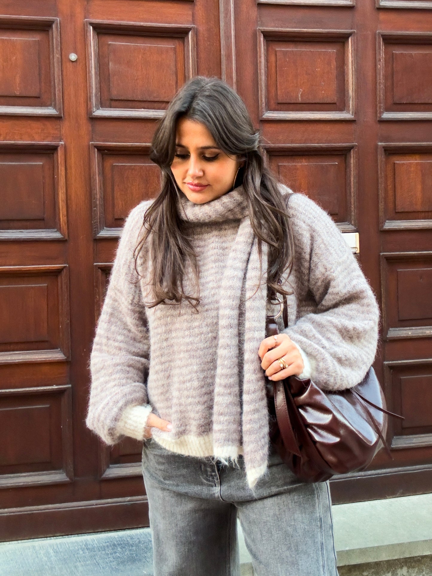 Striped scarf - taupe & creme