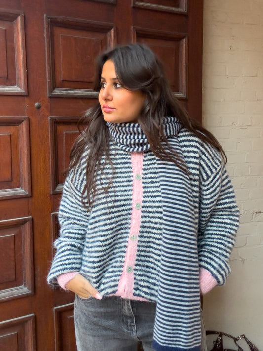 Cashmere striped scarf - Donker blauw & grijs