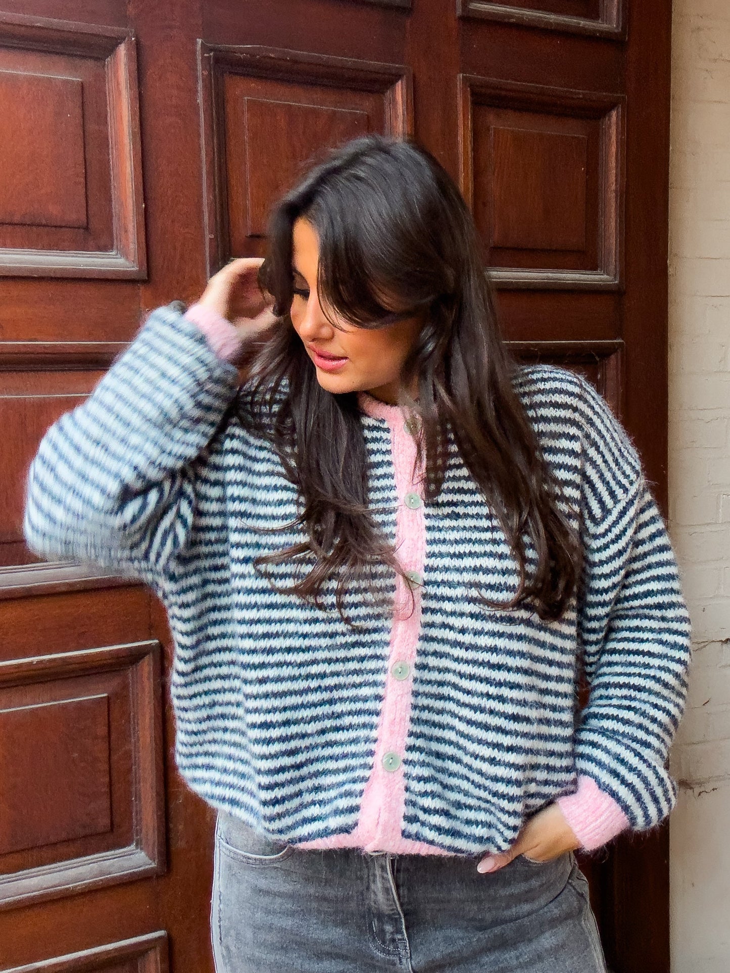 Striped cardigan - Roze & donker blauw
