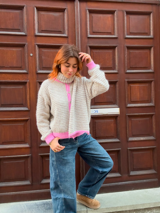 Striped cardigan - roze & beige